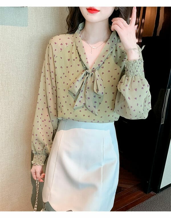 Pretty Tie Collar Hearts Loosen Puff Sleeve Blouse 2