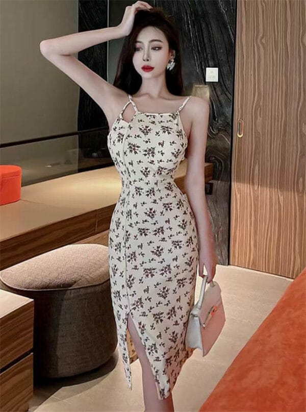 Pretty Wholesale Fitted Waist Flowers Straps Bodycon Dress 1