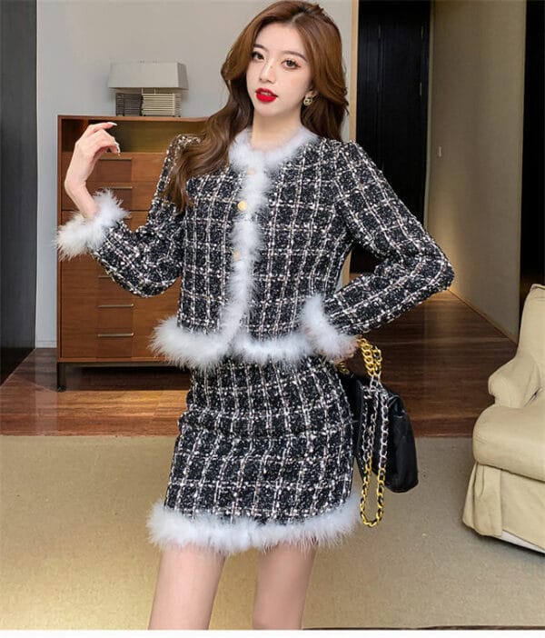 Pretty Women Fashion Fur Collar Tweed Plaids Dress Set 4