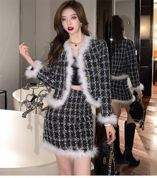 Pretty Women Fashion Fur Collar Tweed Plaids Dress Set 3