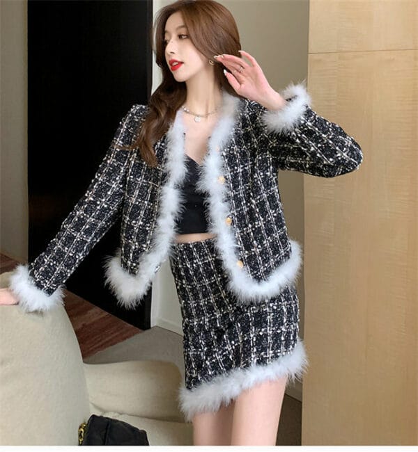 Pretty Women Fashion Fur Collar Tweed Plaids Dress Set 2