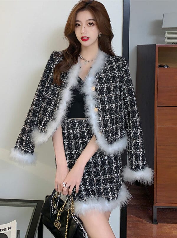 Pretty Women Fashion Fur Collar Tweed Plaids Dress Set 1