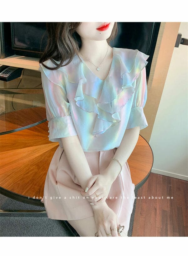 Pretty Women Flouncing V-neck Puff Sleeve Rainbow Blouse 3