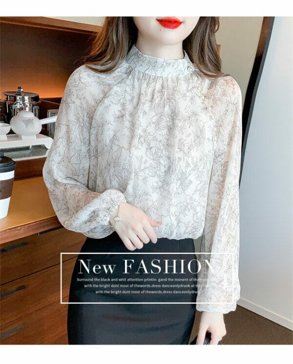 Pretty Women Flowers Puff Sleeve Loosen Chiffon Blouse 4