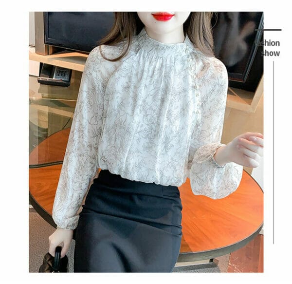 Pretty Women Flowers Puff Sleeve Loosen Chiffon Blouse 2