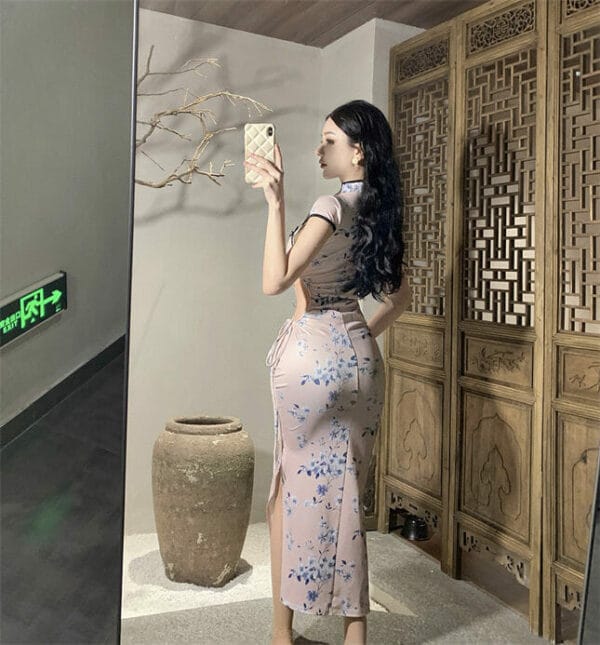 Pretty Women High Waist Draw-string Flowers Cheongsam Dress 5