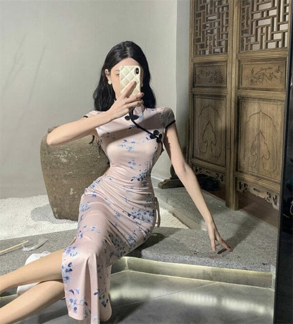 Pretty Women High Waist Draw-string Flowers Cheongsam Dress 4