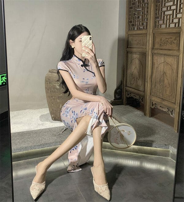 Pretty Women High Waist Draw-string Flowers Cheongsam Dress 2