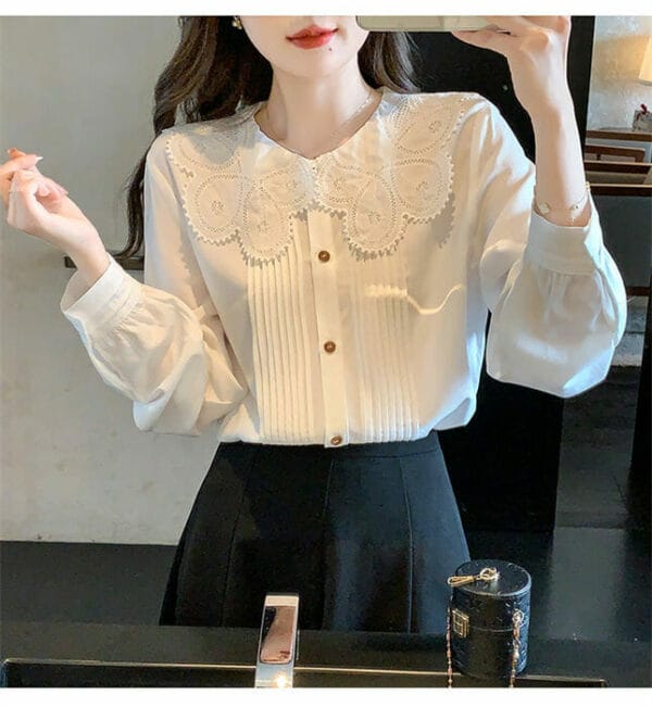 Pretty Women Lace Flowers Doll Collar Pleated Blouse 4