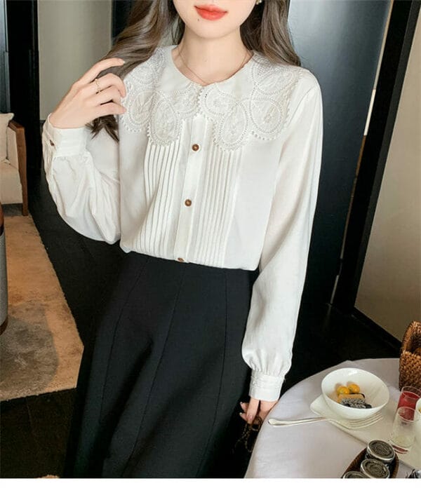 Pretty Women Lace Flowers Doll Collar Pleated Blouse 2