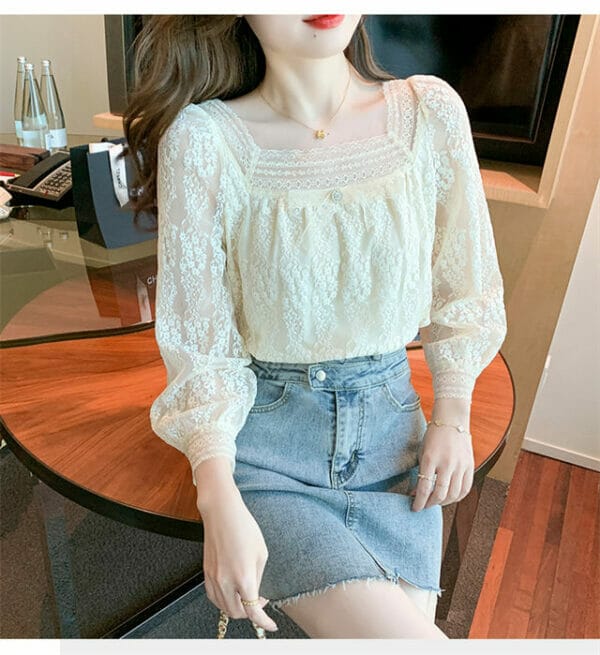 Pretty Women Square Collar Lace Flowers Puff Sleeve Blouse 5