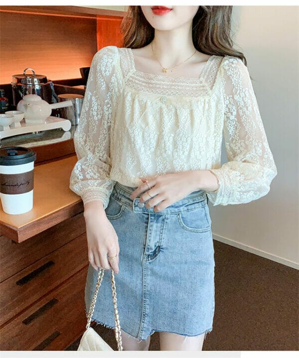 Pretty Women Square Collar Lace Flowers Puff Sleeve Blouse 4