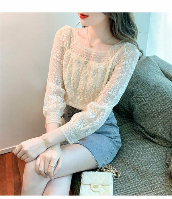 Pretty Women Square Collar Lace Flowers Puff Sleeve Blouse 3