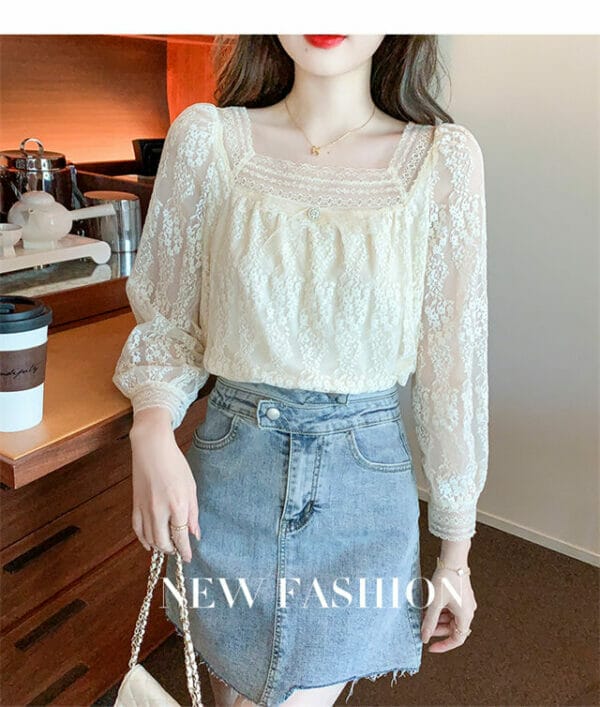 Pretty Women Square Collar Lace Flowers Puff Sleeve Blouse 2