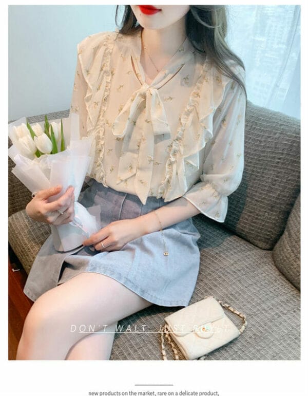 Pretty Women Tie Collar Flouncing Flowers Chiffon Blouse 5