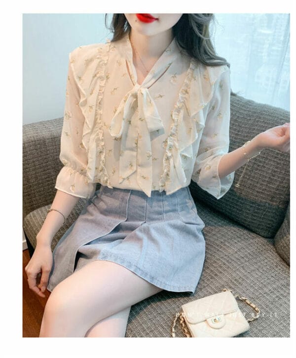 Pretty Women Tie Collar Flouncing Flowers Chiffon Blouse 4