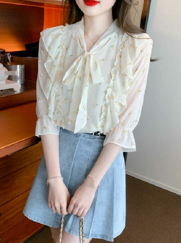 Pretty Women Tie Collar Flouncing Flowers Chiffon Blouse 1