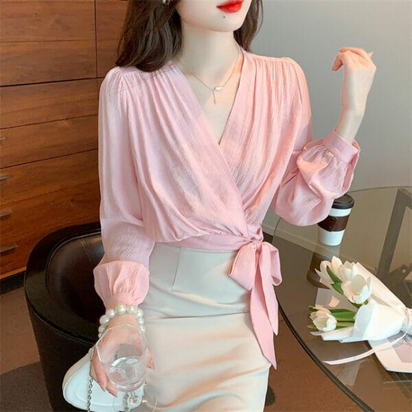 Pretty Women Tie Waist Pleated V-neck Puff Sleeve Blouse 5