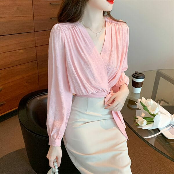 Pretty Women Tie Waist Pleated V-neck Puff Sleeve Blouse 3