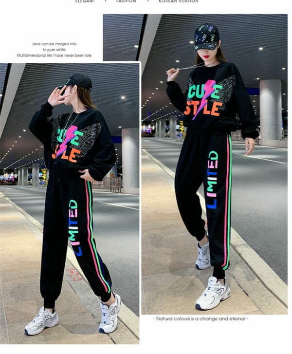 Punk Style Angle Wings Loosen Hoodies with Letters Long Pants 5