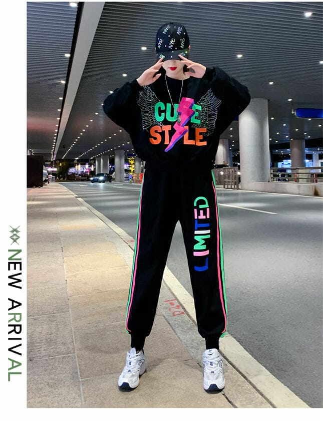 Punk Style Angle Wings Loosen Hoodies With Letters Long Pants