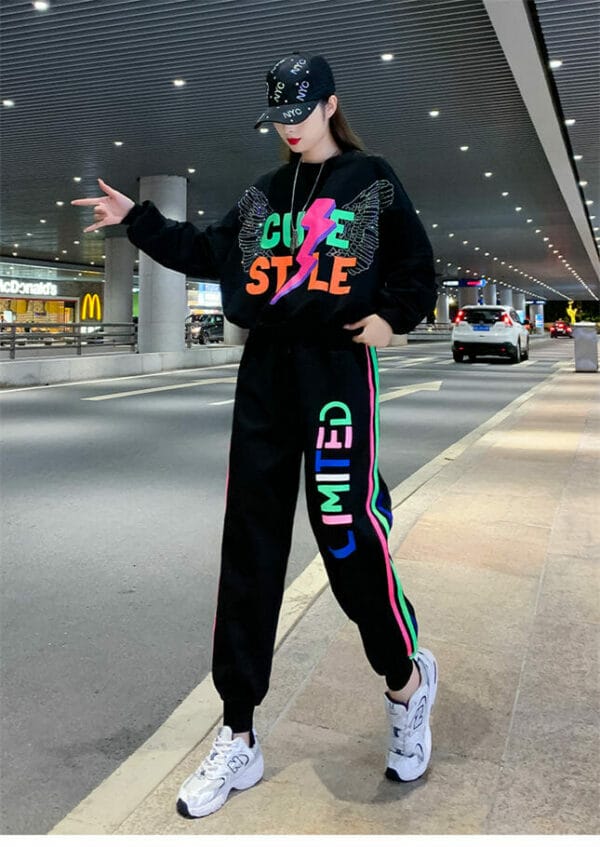 Punk Style Angle Wings Loosen Hoodies with Letters Long Pants 2
