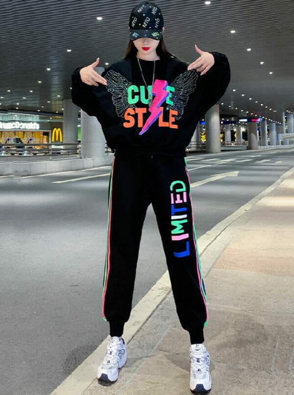 Punk Style Angle Wings Loosen Hoodies with Letters Long Pants 1