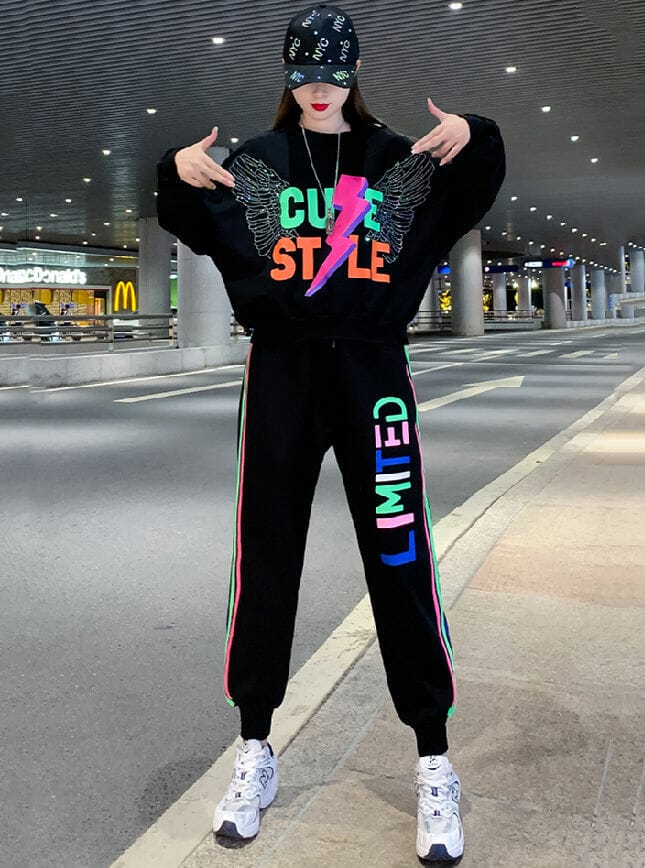 Punk Style Angle Wings Loosen Hoodies With Letters Long Pants