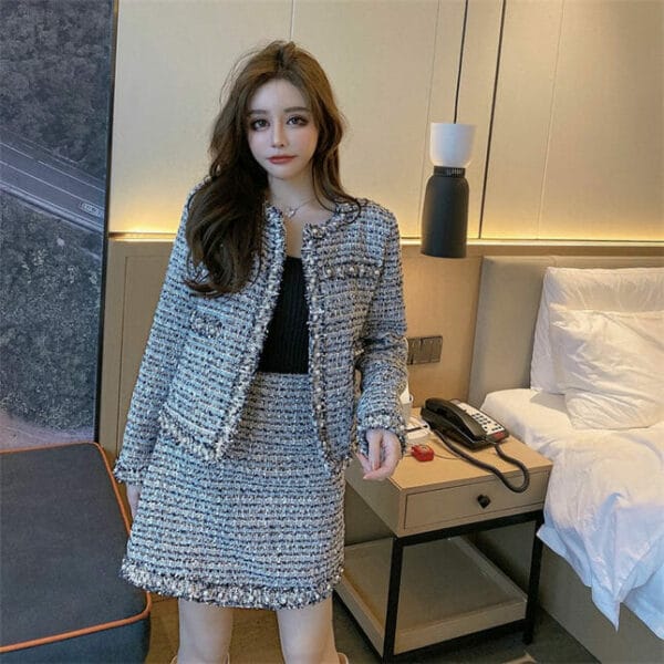 Quality Fashion 2 Colors Beads Tweed Jacket with Short Skirt 4