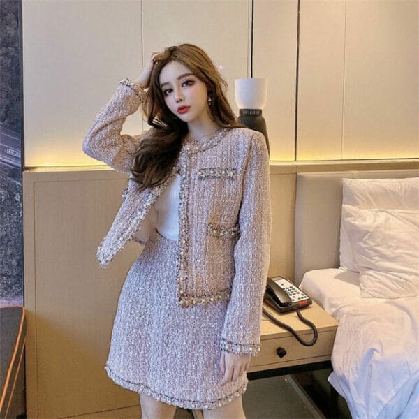 Quality Fashion 2 Colors Beads Tweed Jacket with Short Skirt 2