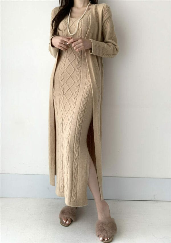 Quality Fashion 3 Colors Knitting Long Coat with Twisted Dress 5