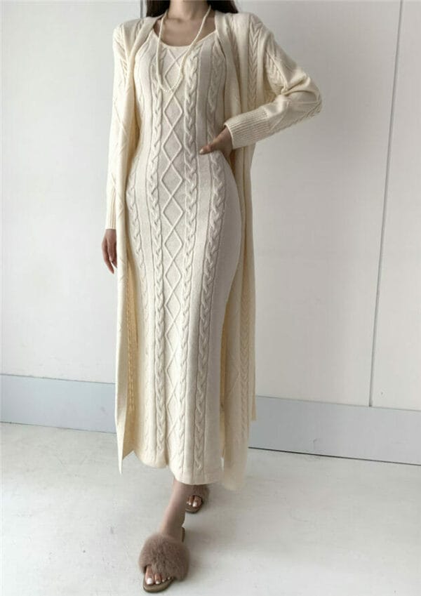 Quality Fashion 3 Colors Knitting Long Coat with Twisted Dress 4
