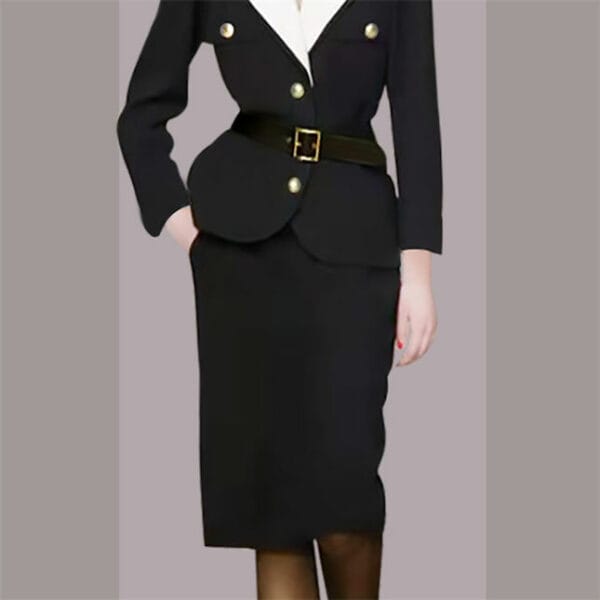 Quality Fashion Color Block Tailored Collar Bodycon Dress Set 4