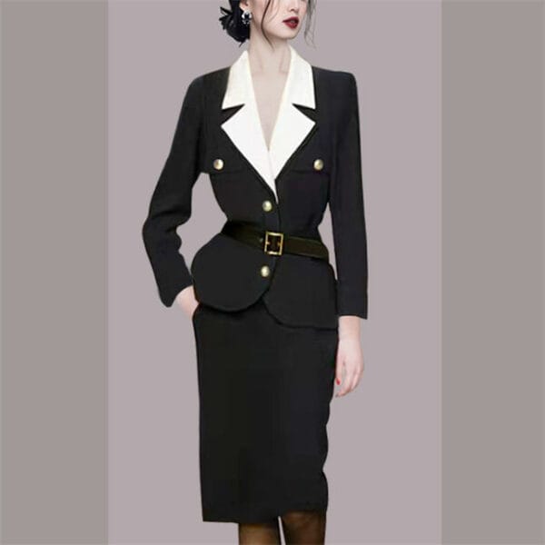 Quality Fashion Color Block Tailored Collar Bodycon Dress Set 3