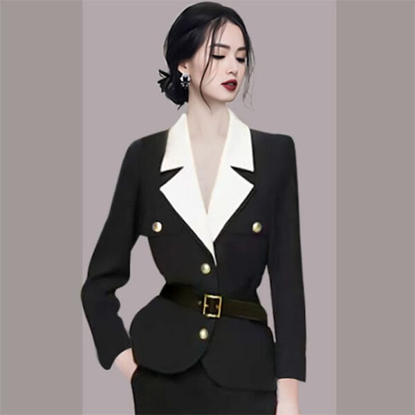 Quality Fashion Color Block Tailored Collar Bodycon Dress Set 2