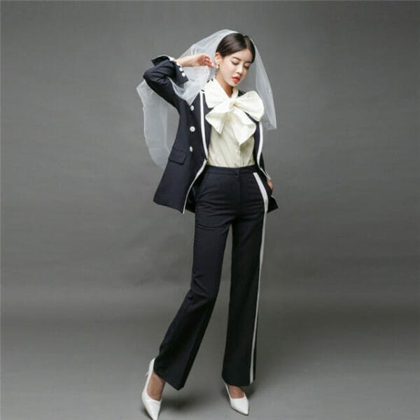 Quality Fashion Double-breasted Long Jacket with Straight Pants 5