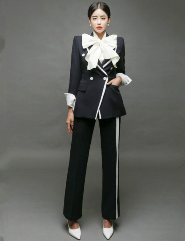 Quality Fashion Double-breasted Long Jacket with Straight Pants 1