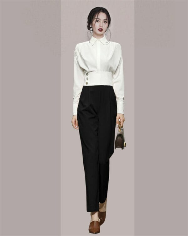 Quality Fashion Fitted Waist Blouse with Slim Long Pants 2