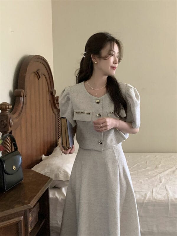 Quality Fashion Puff Sleeve Jacket with A-line Long Skirt 4