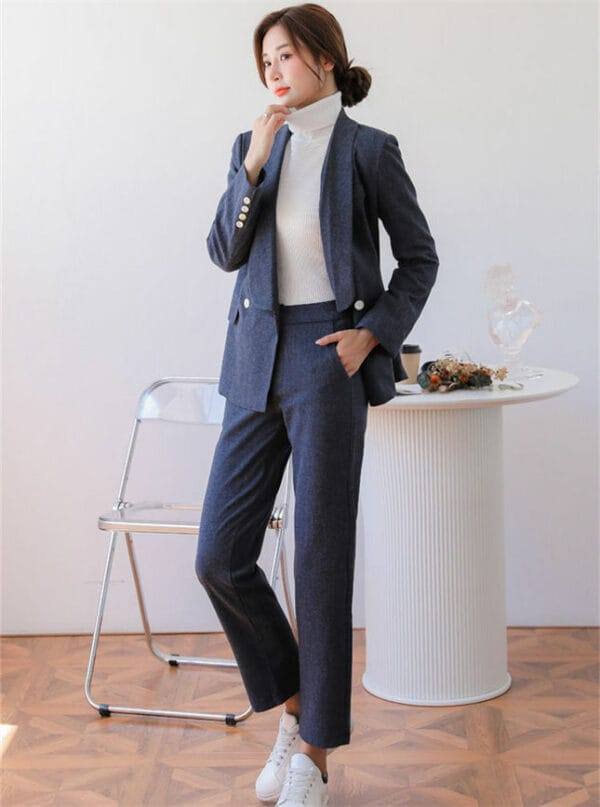 Quality Fashion Shawl Collar Woolen Jacket with Long Pants 3