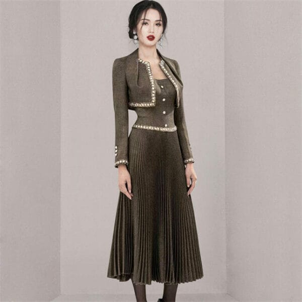 Quality Fashion Shirt Jacket with Pleated Straps Long Dress 4