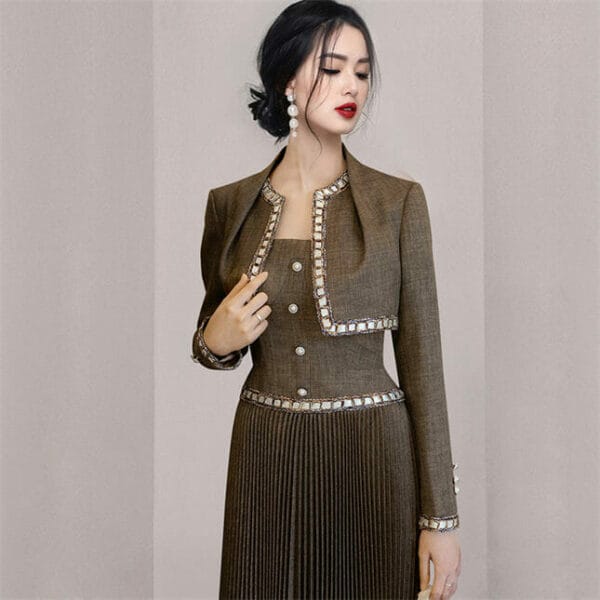 Quality Fashion Shirt Jacket with Pleated Straps Long Dress 2