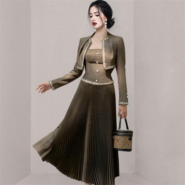 Quality Fashion Shirt Jacket with Pleated Straps Long Dress 1