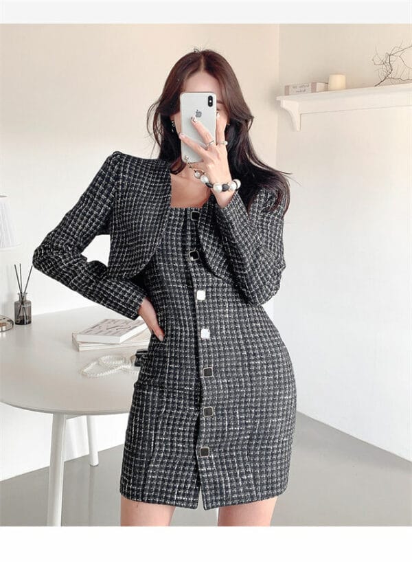 Quality Fashion Short Jacket with Single-breasted Tweed Dress 3