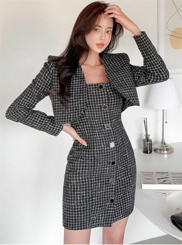 Quality Fashion Short Jacket with Single-breasted Tweed Dress 1