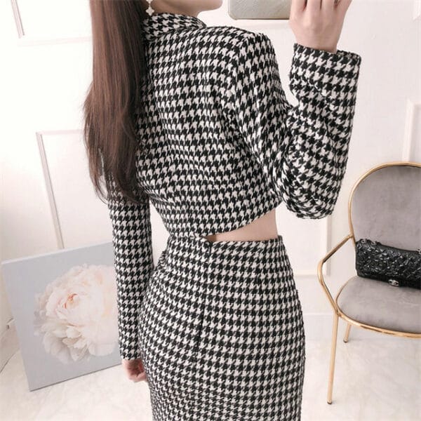 Quality Fashion Tailored Collar Houndstooth Slim Dress Set 4