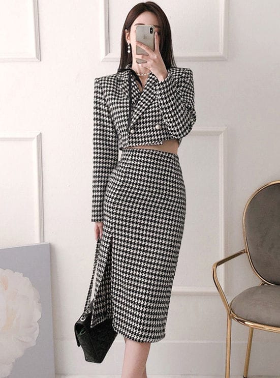 Quality Fashion Tailored Collar Houndstooth Slim Dress Set • Seoulinspired