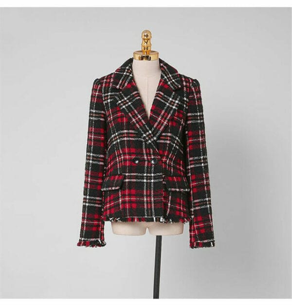 Quality Fashion Tailored Collar Plaids Woolen Two Pieces Dress 6