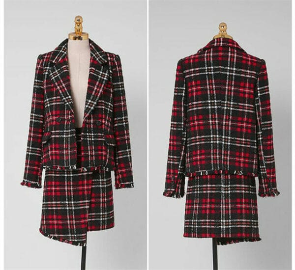 Quality Fashion Tailored Collar Plaids Woolen Two Pieces Dress 5