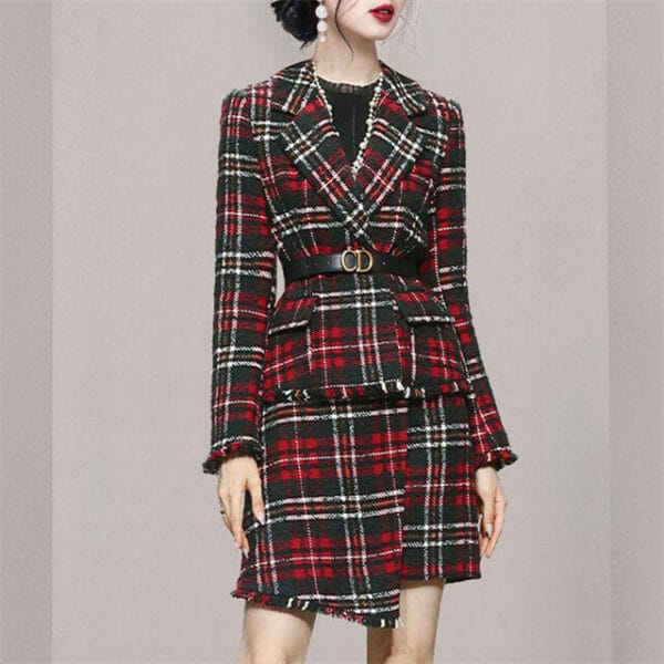 Quality Fashion Tailored Collar Plaids Woolen Two Pieces Dress 4